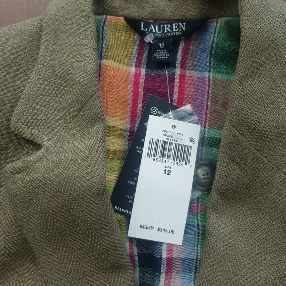 Lauren Ralph Lauren Herringbone Linen Blazer In Olive Fern Size 12 NWT $345 - Picture 12 of 12